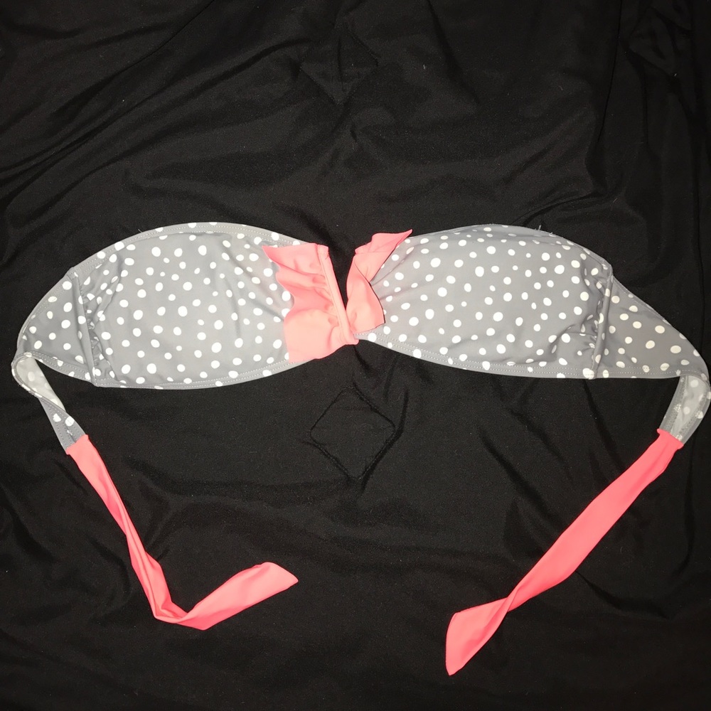 Pink & grey polkadot strapless bikini top